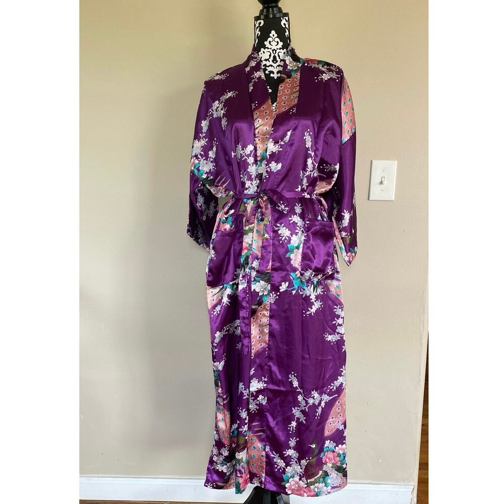 Vintage Lian Lin kimono purple peacock blossoms size XL silky sash belt China